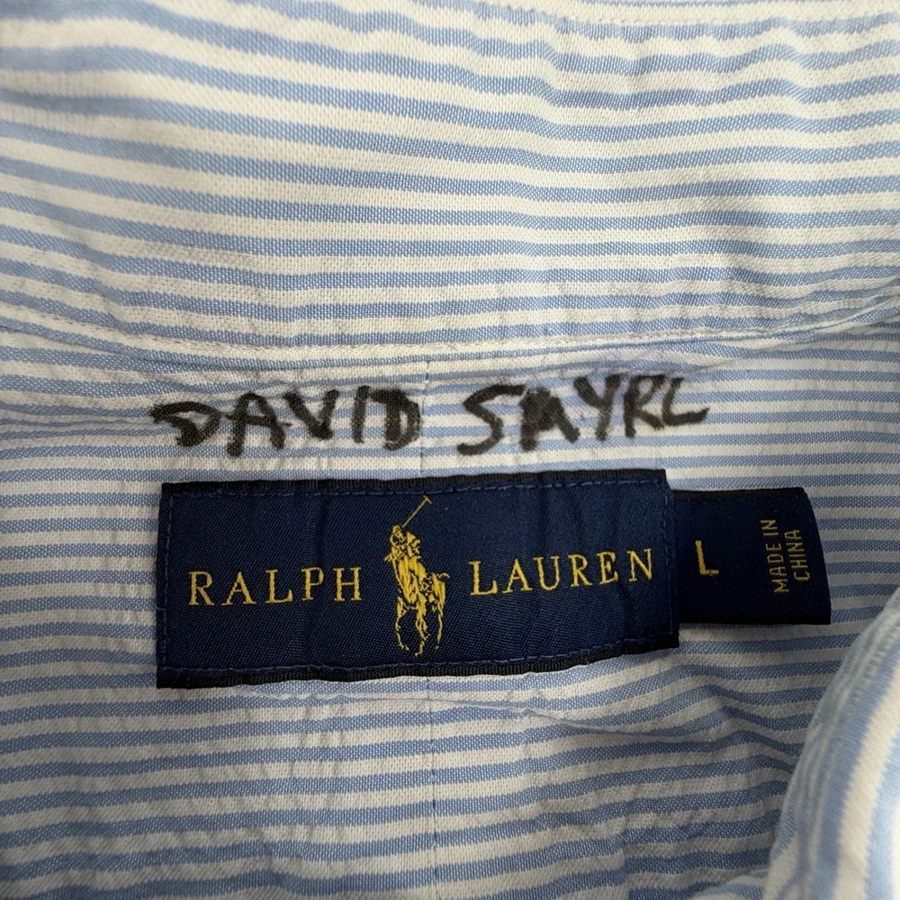 Polo Ralph Lauren Shirt Men Large Blue Seersucker Striped Button Preppy Formal